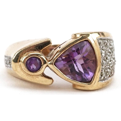 2009 - Modernist 9ct gold amethyst and diamond ring, size T, 13.6g