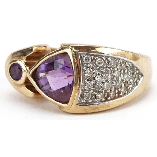 2009 - Modernist 9ct gold amethyst and diamond ring, size T, 13.6g