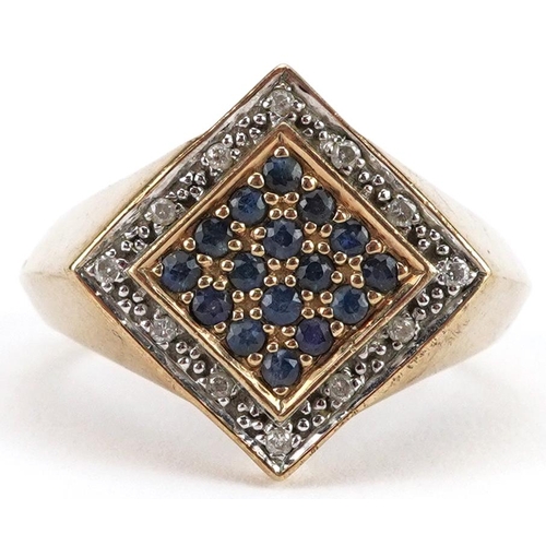 2124 - Art Deco style 9ct gold diamond and sapphire cluster ring, size T, 9.2g