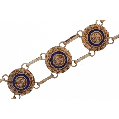 2633 - Mid century style unmarked silver and blue enamel floral bracelet, 16cm in length, 8.4g