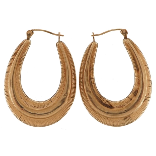 2298 - Pair of 9ct gold engine turned hoop earrings, 3.2cm high, 2.9g