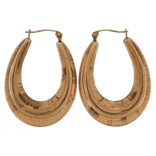 2298 - Pair of 9ct gold engine turned hoop earrings, 3.2cm high, 2.9g