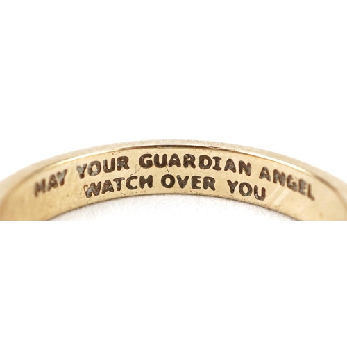 2574 - 9ct gold diamond ring pierced a love heart and putti, engraved May Your Guardian Angel Watch Over Yo... 