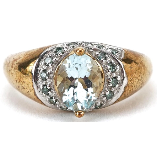 2095 - 9ct gold aquamarine and green diamond cocktail ring, the aquamarine approximately 9.0mm x 6.10mm x 4... 