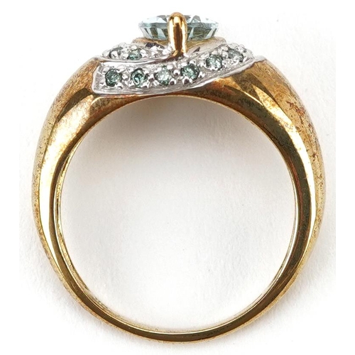 2095 - 9ct gold aquamarine and green diamond cocktail ring, the aquamarine approximately 9.0mm x 6.10mm x 4... 