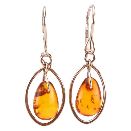 2552 - Pair of Russian 14ct gold natural amber drop earrings, 3.8cm high, 2.7g