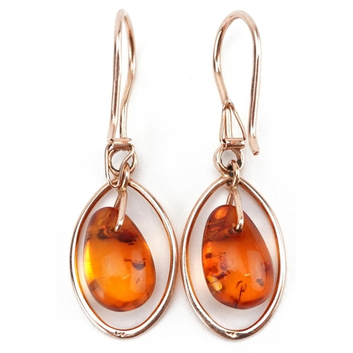 2552 - Pair of Russian 14ct gold natural amber drop earrings, 3.8cm high, 2.7g