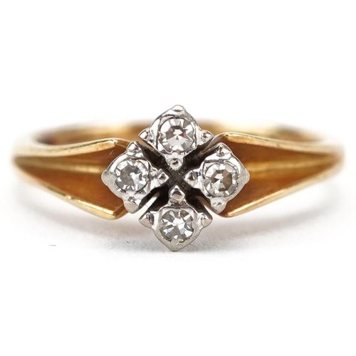 2081 - 18ct gold diamond four stone ring, size J, 3.0g