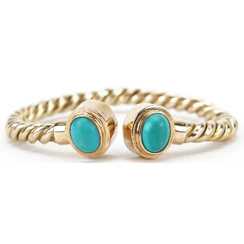 2056 - Unmarked gold rope twist and cabochon turquoise bangle, tests as 15ct gold, 6.5cm wide, 13.5g