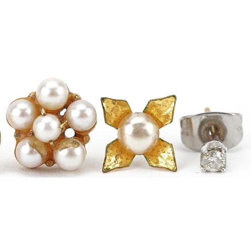 2684 - Seven 9ct gold and unmarked gold earrings including a diamond solitaire and cultured pearls, total 2... 