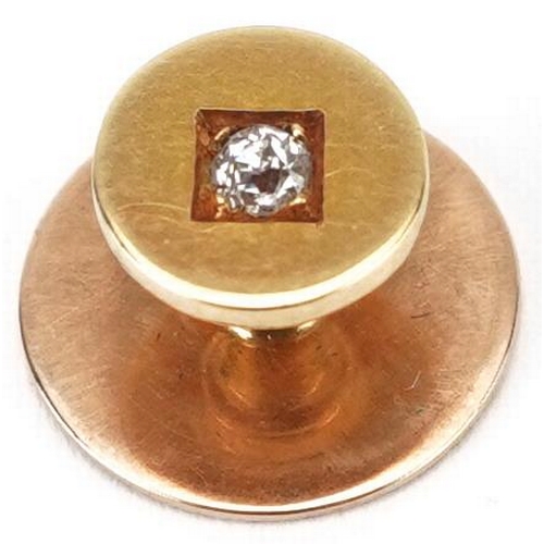 2483 - Unmarked gold diamond solitaire stud housed in a velvet and silk lined leather box, 1.2cm in diamete... 