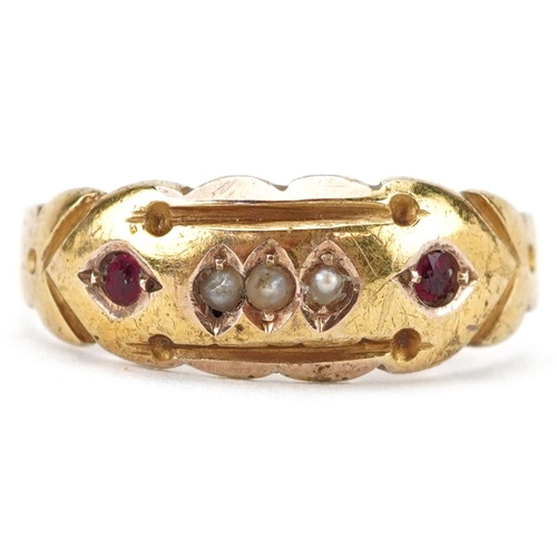 2264 - Victorian 15ct gold seed pearl and ruby five stone ring, Chester 1899, size P/Q, 1.6g