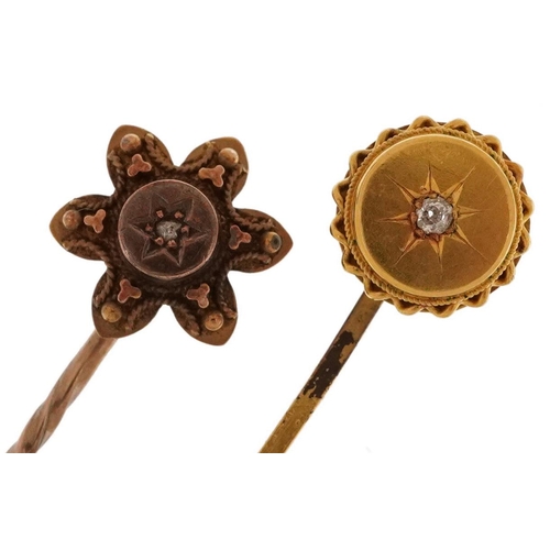 2516 - Two unmarked gold and yellow metal diamond solitaire stickpins, one marked 15ct, the other unmarked,... 