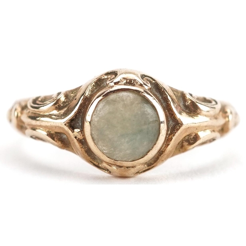 2274 - 9ct gold cabochon green stone ring with scrolled shoulders, size O, 2.9g