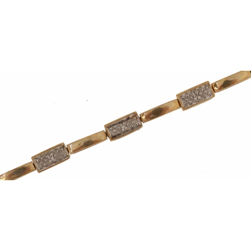 2500 - 9ct gold diamond bracelet formed of rectangular panels, 19cm in length, 5.9g