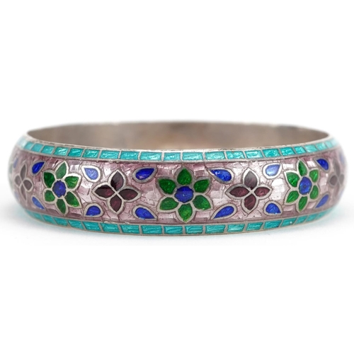 2194 - Indian silver and enamel bangle with floral motifs, 6.5cm in diameter, 29.0g