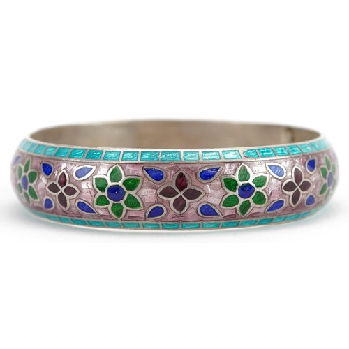 2194 - Indian silver and enamel bangle with floral motifs, 6.5cm in diameter, 29.0g