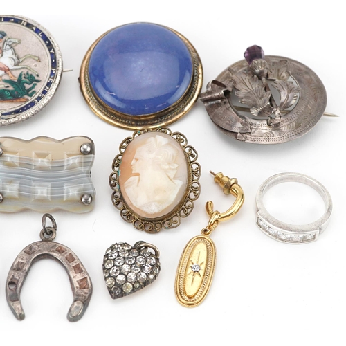 2733 - Antique and later jewellery including a George III 1819 enamelled crown brooch, cabochon Arts & Craf... 