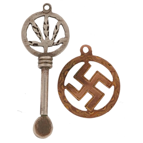 2609 - 9ct gold swastika charm and a silver snuff spoon charm, the largest 3.5cm in length, total 1.5g