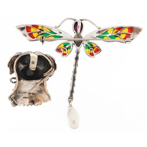 2566 - Two sterling silver brooches comprising a plique a jour enamel, marcasite, ruby and pearl dragonfly ... 