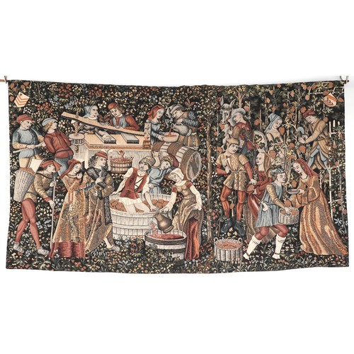 1388 - Rectangular Medieval style wall hanging tapestry depicting wine making, 122cm x 67cm