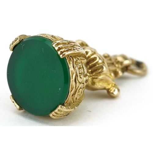 2022 - Victorian style 9ct gold green stone fob, 2.1cm high, 4.3g