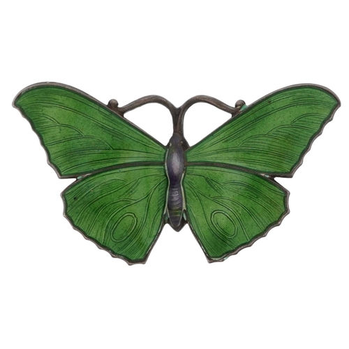 2030 - J Aitkin & Son, Art Nouveau sterling silver and green guilloche enamel butterfly brooch numbered 108... 