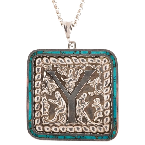 2502 - Large Mexican silver and matrix turquoise initial Y pendant cast with figures fighting animals, on a... 