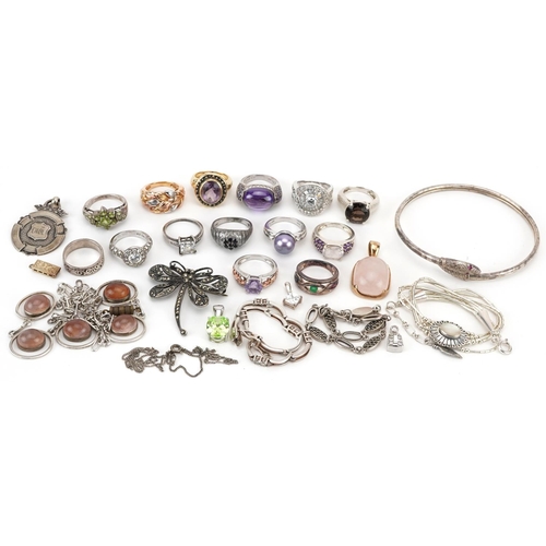 2703 - Silver and white metal jewellery, some set with semi precious stones, including pink quartz necklace... 