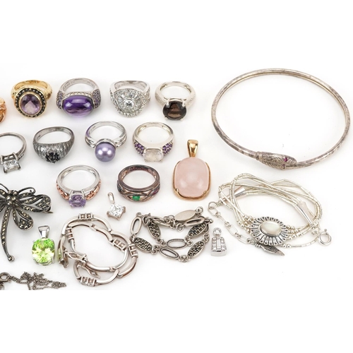 2703 - Silver and white metal jewellery, some set with semi precious stones, including pink quartz necklace... 