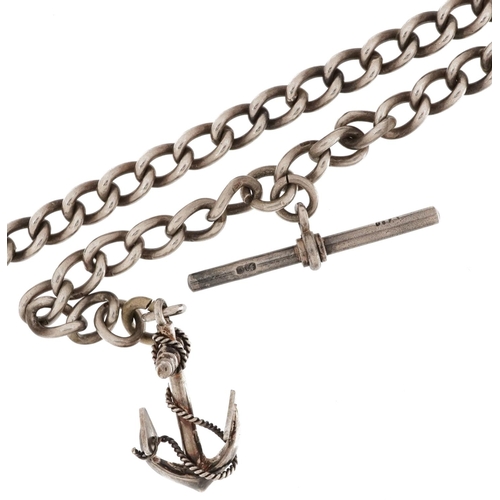 2485 - Gentlemen's silver watch chain with T bar, dog clip clasp and anchor pendant, 35cm in length, 35.0g