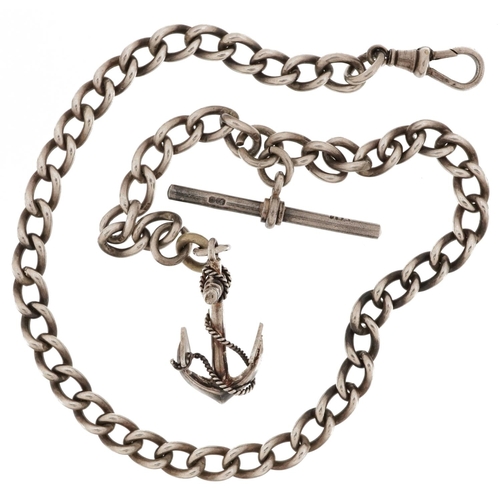 2485 - Gentlemen's silver watch chain with T bar, dog clip clasp and anchor pendant, 35cm in length, 35.0g