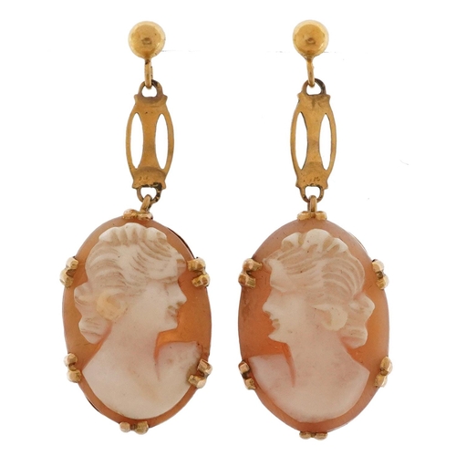 2162 - Pair of cameo shell earrings carved with maiden heads, 3.2cm high, 3.6g