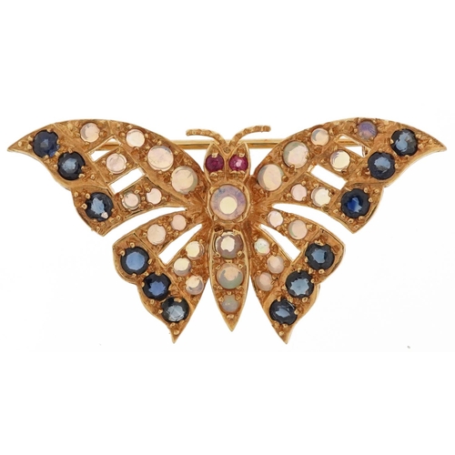 2453 - 9ct gold multi gem brooch in the form of a butterfly set with sapphires, rubies and opals, 4cm wide,... 