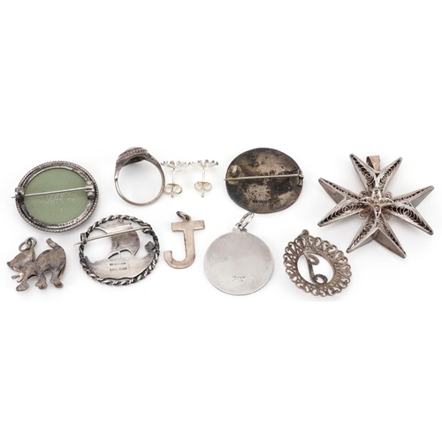 2738 - Antique and later silver jewellery including Danish brooch in the form of a Viking longboat, Maltese... 