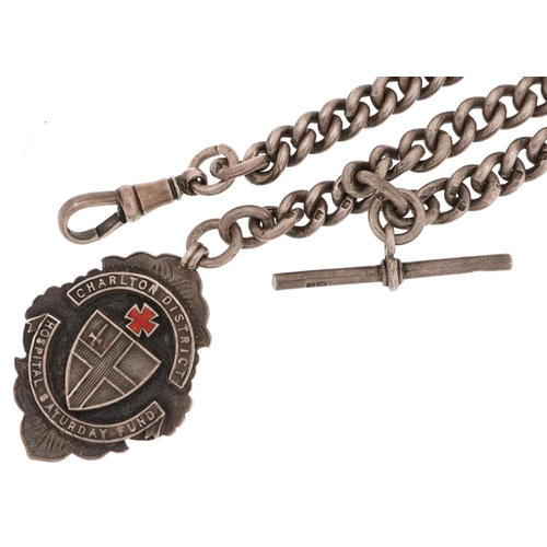 2670 - Gentlemen's silver watch chain with T bar, dog clip clasps and Charlton District Hospital Saturday F... 