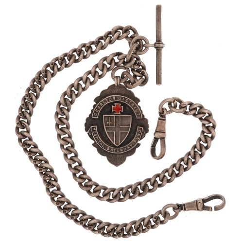 2670 - Gentlemen's silver watch chain with T bar, dog clip clasps and Charlton District Hospital Saturday F... 