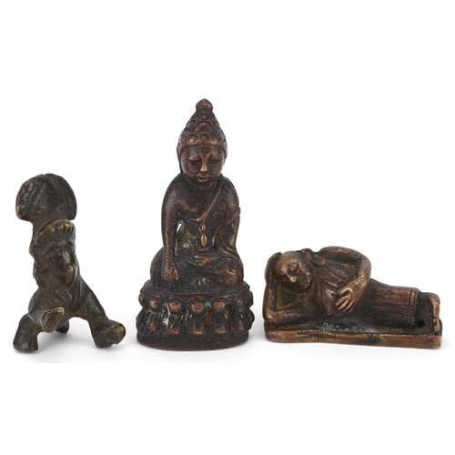 1334 - Three Chinese and Asian patinated bronze figures including an example of seated Buddha, the largest ... 