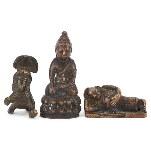 1334 - Three Chinese and Asian patinated bronze figures including an example of seated Buddha, the largest ... 