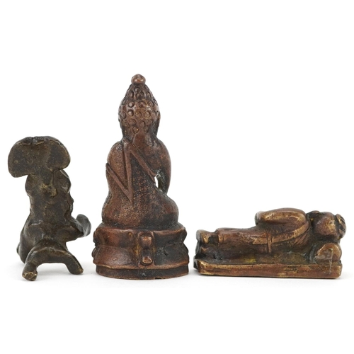 1334 - Three Chinese and Asian patinated bronze figures including an example of seated Buddha, the largest ... 