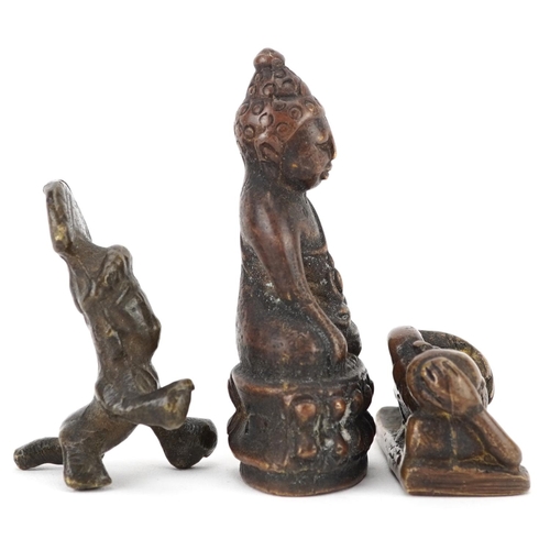 1334 - Three Chinese and Asian patinated bronze figures including an example of seated Buddha, the largest ... 