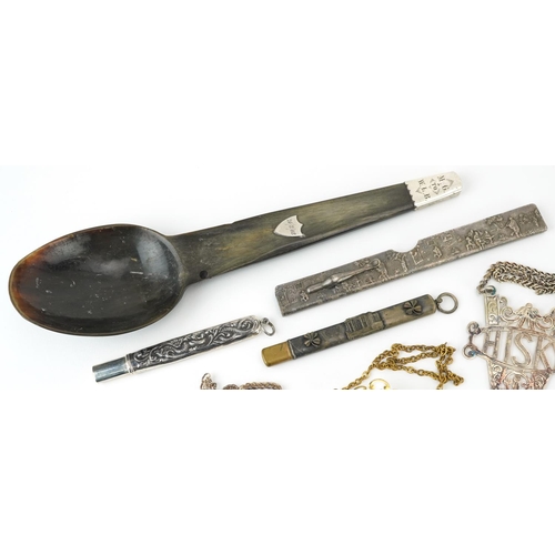 297 - 19th century and later sundry items including a horn spoon with white metal mounts, silver pencil ho... 