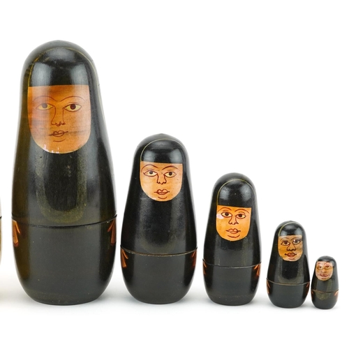 1439 - Two vintage Russian lacquered and hand painted wood Matryoshka stacking dolls, each 16cm high