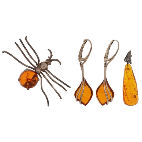 2711 - Silver and natural amber jewellery comprising a brooch in the form of a spider, pendant with encased... 