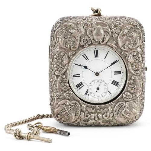 2734 - Gentlemen's 800 grade silver open face key wind pocket watch housed in a silver mounted and leather ... 