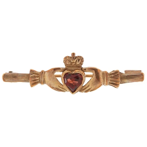 2680 - 9ct gold Claddagh garnet love heart bar brooch, 3.7cm wide, 3.2g