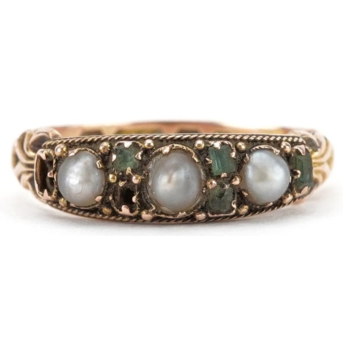 2011 - George V 15ct gold seed pearl and emerald ring with ornate setting, size P/Q, 2.0g