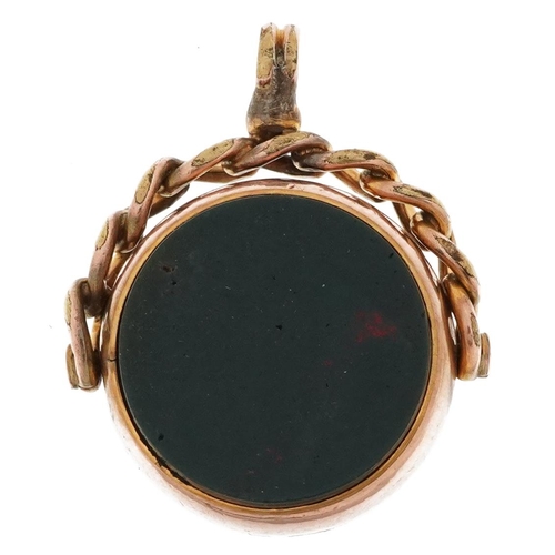 2255 - Victorian 9ct rose gold bloodstone and carnelian spinner fob, 3cm high, 8.5g