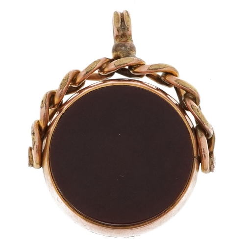 2255 - Victorian 9ct rose gold bloodstone and carnelian spinner fob, 3cm high, 8.5g