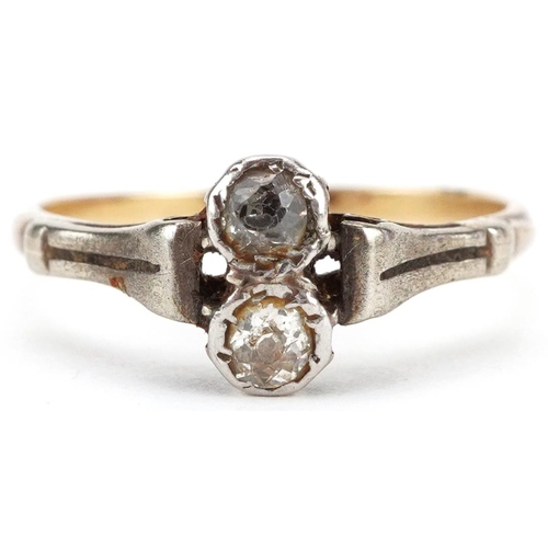 2287 - Art Deco unmarked gold diamond two stone ring, tests as 18ct gold, each diamond approximately 2.80mm... 